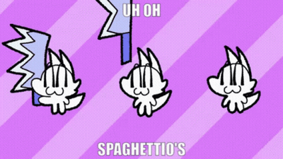 A Purple And White Striped Background With Three Cartoon Characters And The Words Spaghettio 'S GIF