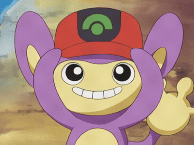A Purple And Yellow Cartoon Character Wearing A Red Hat With A Green C On It GIF