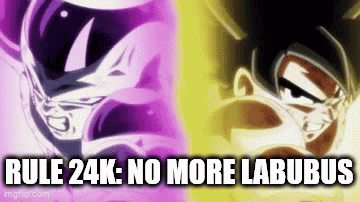 A Purple And Yellow Cartoon Character With The Words `` Rule 24K : No More Labubus '' On It . GIF