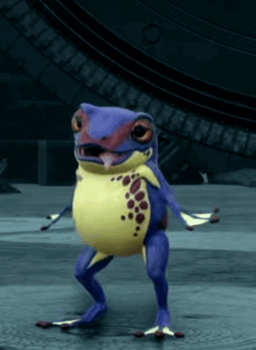 A Purple And Yellow Frog Is Dancing In A Video Game GIF