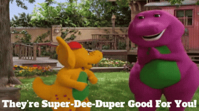 A Purple And Yellow Stuffed Animal With The Words They 'Re Super-Dee-Duper Good For You GIF