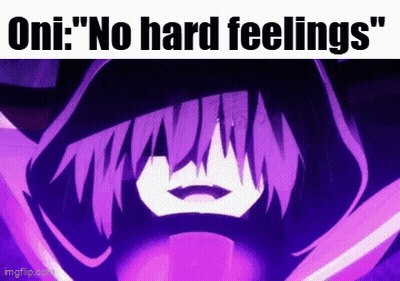 A Purple Anime Character With The Words " Oni : No Hard Feelings " On The Bottom GIF