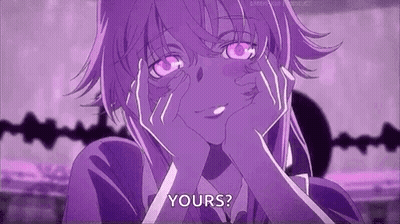 A Purple Anime Girl Is Making A Funny Face And Asking , `` Yours ? '' GIF