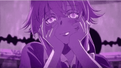 A Purple Anime Girl Is Making A Funny Face With Her Hands On Her Face . GIF