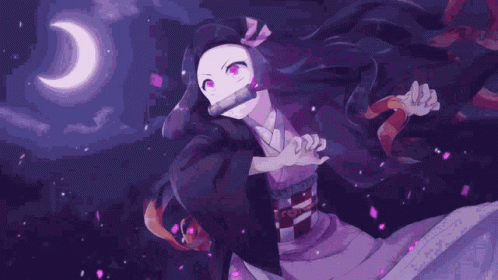 A Purple Anime Girl Is Standing In Front Of A Crescent Moon In The Night Sky . GIF