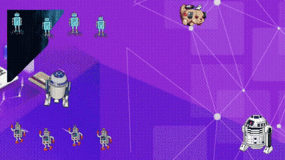 A Purple Background With A Bunch Of Robots Dancing GIF