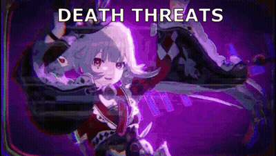 A Purple Background With A Cartoon Character And The Words `` Death Threats '' Written On It . GIF