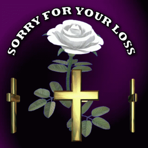 A Purple Background With A Cross And A White Rose With The Words Sorry For Your Loss GIF