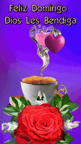A Purple Background With A Cup Of Coffee A Rose And A Heart With The Words Feliz Domingo Dios Les Bendiga GIF
