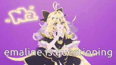 A Purple Background With A Girl In A Black Dress And The Words " Emaline Is Questioning " GIF