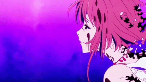 A Purple Background With A Girl With Pink Hair And Bats In Her Hair GIF
