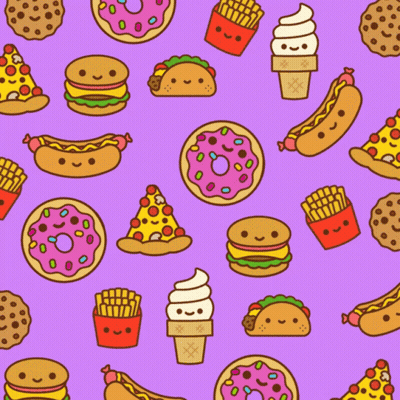 A Purple Background With A Pattern Of Fast Food Including A Donut A Hamburger A Hot Dog And A Cookie GIF