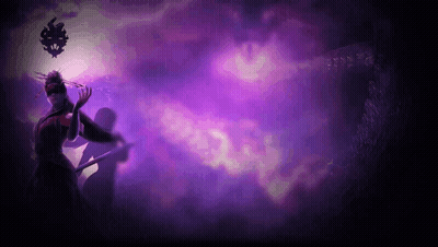 A Purple Background With A Person Holding A Sword In The Foreground GIF