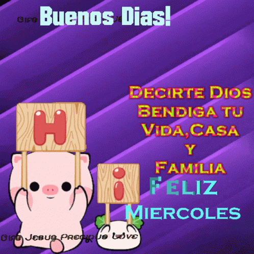 A Purple Background With A Pig Holding A Sign That Says " Buenos Dias " GIF