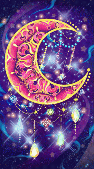 A Purple Background With A Pink Crescent Moon Surrounded By Crystals And Stars GIF