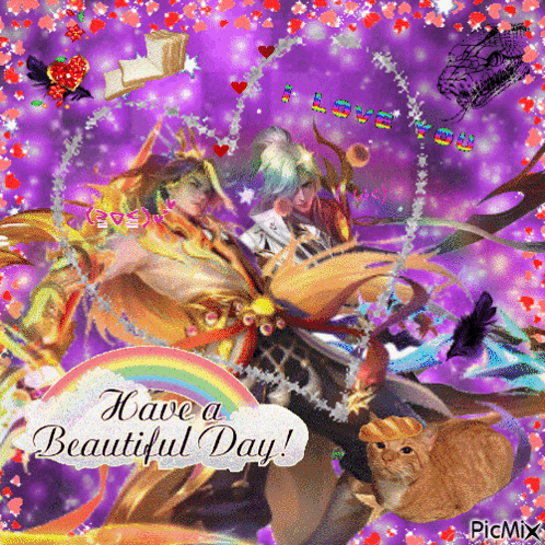 A Purple Background With A Rainbow And The Words Have A Beautiful Day On It GIF