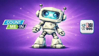 A Purple Background With A Robot And A Sign That Says Count Me In GIF