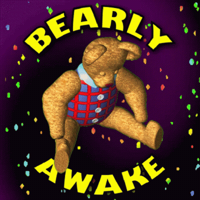 A Purple Background With A Teddy Bear And The Words " Beary Awake " GIF