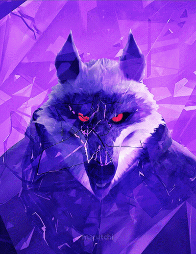 A Purple Background With A Wolf With Red Eyes And The Word Marutchi On The Bottom GIF