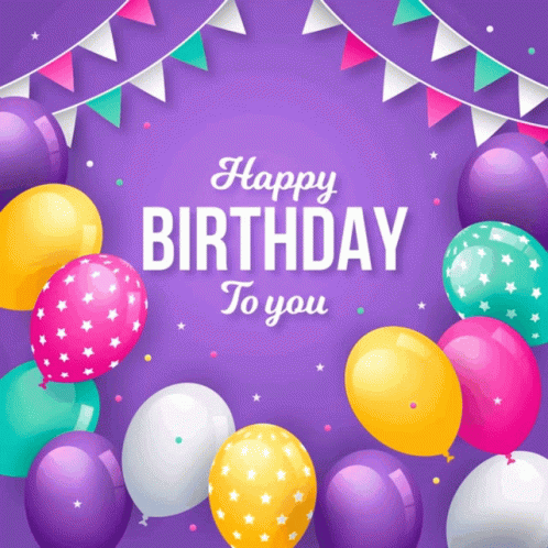 A Purple Background With Balloons And A Happy Birthday To You Message GIF