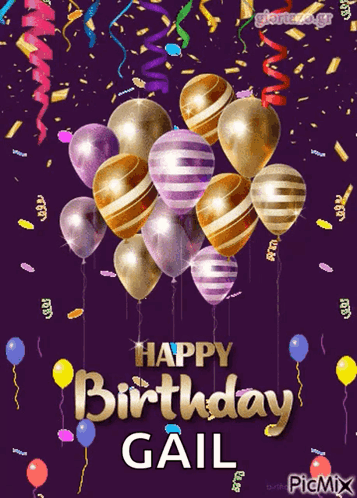 A Purple Background With Balloons And Confetti And The Words Happy Birthday Gail GIF