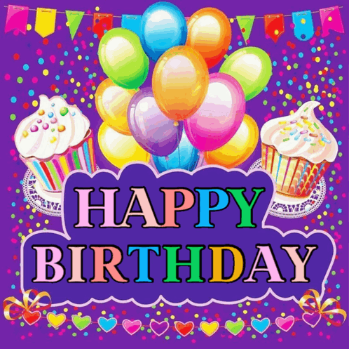 A Purple Background With Balloons And Cupcakes And The Words Happy Birthday GIF