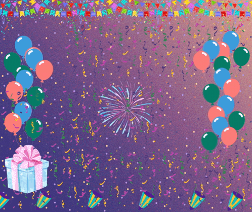 A Purple Background With Balloons And Fireworks And A Gift Box GIF