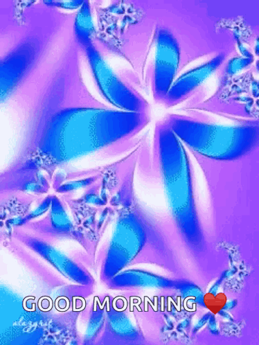 A Purple Background With Blue Flowers And The Words Good Morning On It GIF
