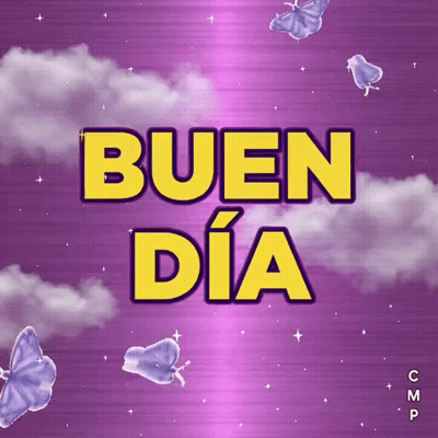 A Purple Background With Butterflies And The Words Buen Dia In Yellow Letters GIF