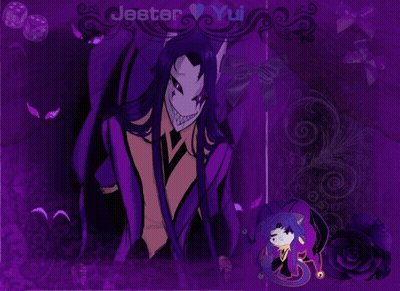 A Purple Background With The Name Jester Yui GIF