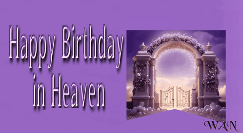 A Purple Background With The Words Birthday Heaven And A Picture Of A Dove GIF