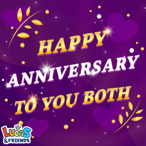 A Purple Background With The Words Happy Anniversary To You Both Lucas & Friends GIF