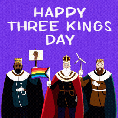 A Purple Background With The Words Happy Three Kings Day Written On It GIF