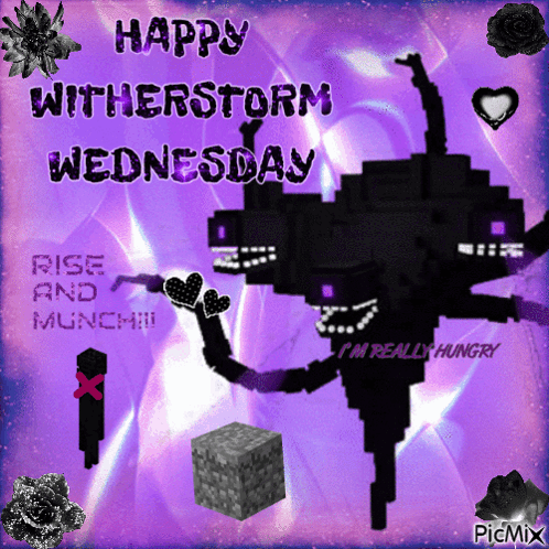 A Purple Background With The Words Happy Witherstorm Wednesday Rise And Munch GIF