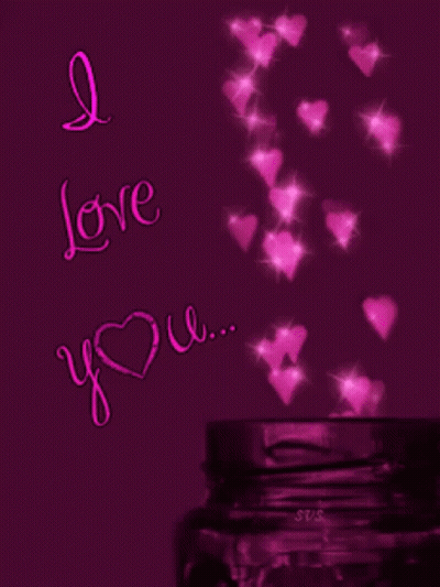 A Purple Background With The Words " I Love You " And Pink Hearts GIF