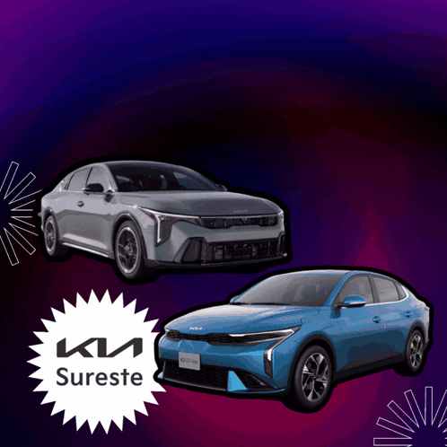 A Purple Background With Two Cars And A Kia Sureste Sticker GIF
