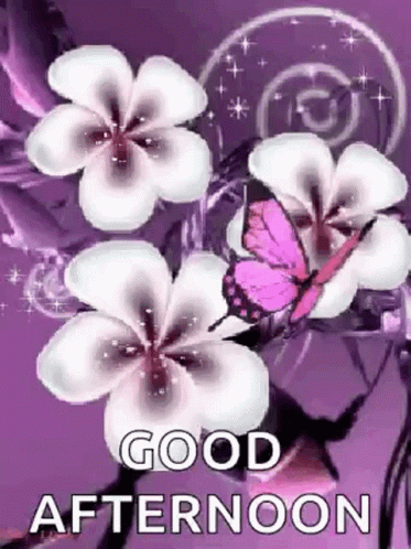 A Purple Background With White Flowers And A Pink Butterfly . GIF