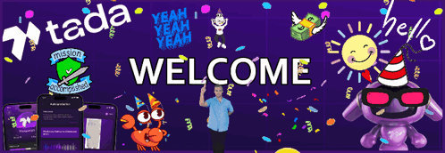 A Purple Banner That Says " You Are Welcome " Is Surrounded By Cartoon Characters GIF