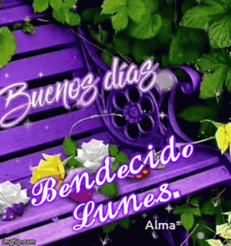 A Purple Bench With Flowers On It And The Words Buenos Dias Benedicto Lunes GIF