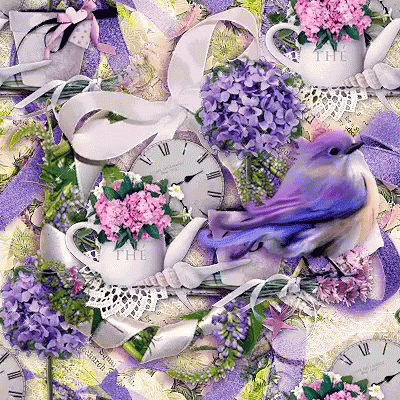 A Purple Bird Is Surrounded By Purple Flowers And A Clock That Says " The " GIF