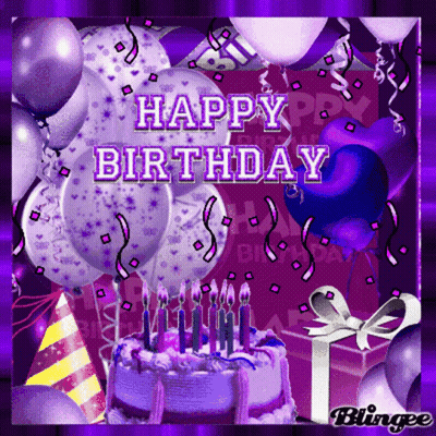 a purple birthday card with a cake and balloons and the words happy birthday