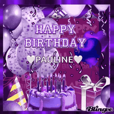 A Purple Birthday Card With A Cake And Balloons Says Happy Birthday Pauline GIF