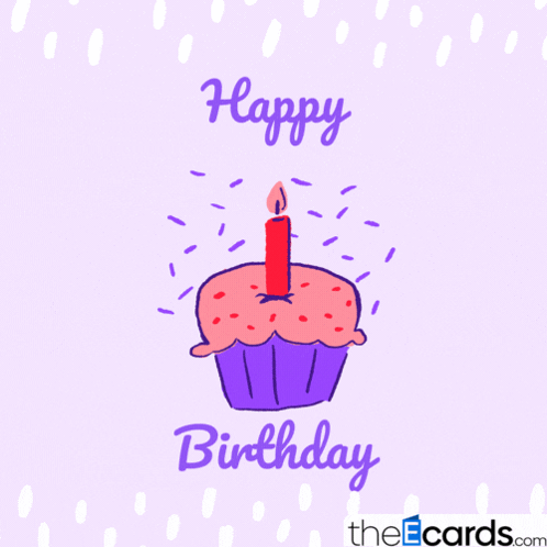 A Purple Birthday Card With A Cupcake And A Candle GIF