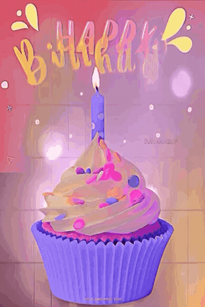 A Purple Birthday Cupcake With A Blue Candle On Top Of It . GIF