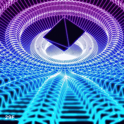 A Purple , Blue And White Optical Illusion With A Pyramid In The Middle . GIF
