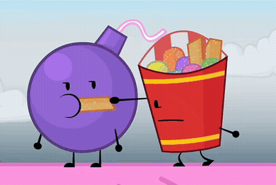 A Purple Bomb Is Standing Next To A Red Bucket Of Crackers GIF