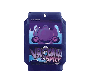 A Purple Box With A Purple Monster And The Words Volcano Spicy Sticker
