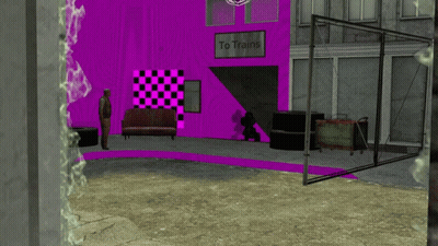 A Purple Building With A Sign That Says To Trains On It GIF