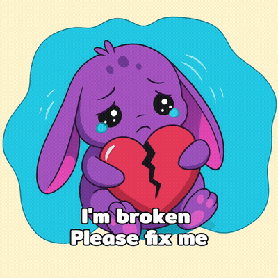 A Purple Bunny Holding A Broken Heart With The Words I 'M Broken Please Fix Me GIF