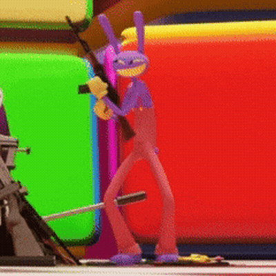 A Purple Bunny Holding A Gun In Front Of A Colorful Backdrop GIF